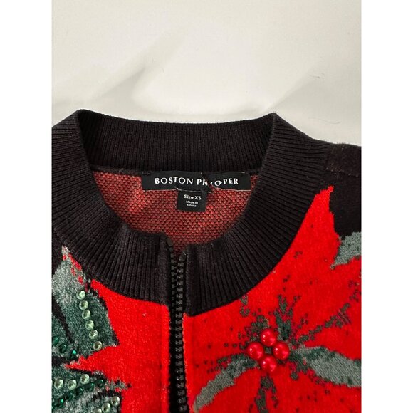 Boston Proper Womens XS Black Knit Zip-Up Cardigan Red Poinsettia Embellishments - Picture 4 of 5
